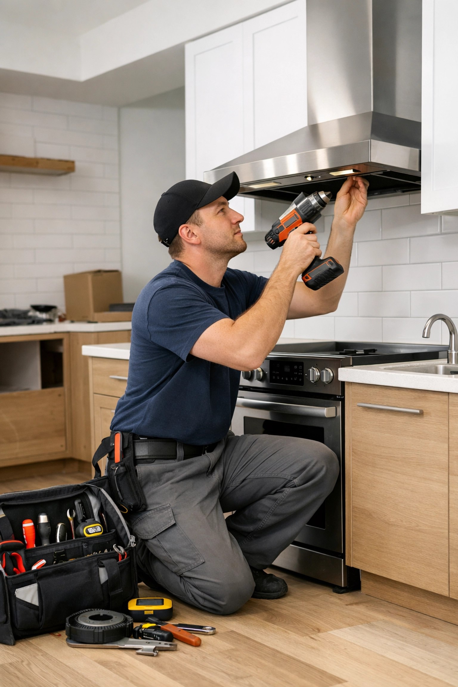 Maintenance technician repairing kitchen appliances during apartment turnover
