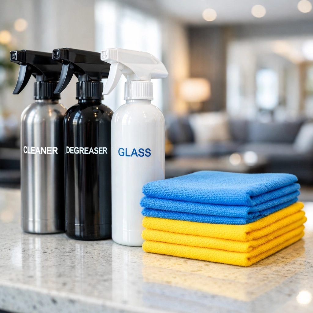 Eco-friendly cleaning supplies and microfiber cloths used for elite home maintenance in Groton.