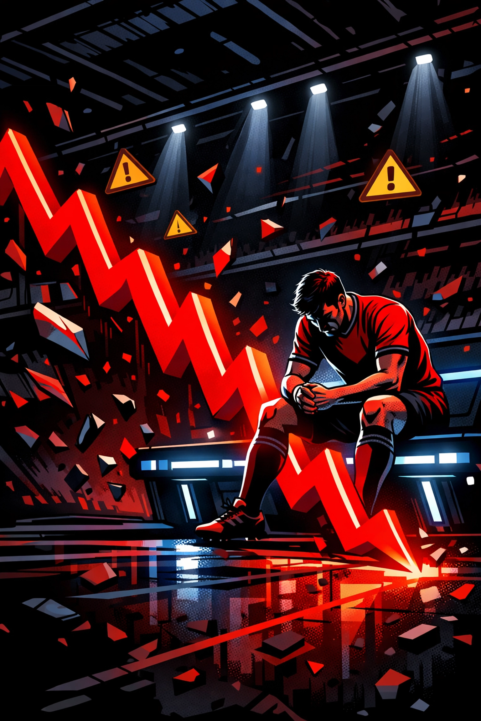 A soccer player on a bench with a falling market graph illustrating player investment risk and value traps.