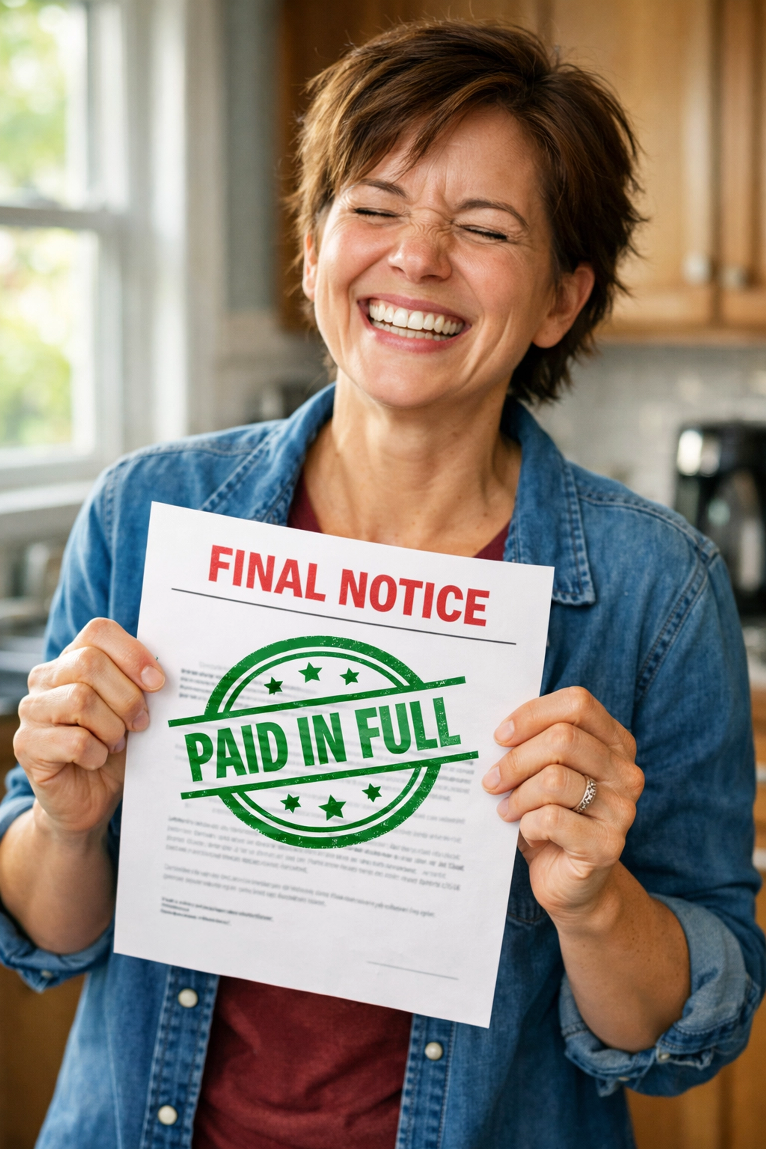 A person smiling with a paid in full notice celebrating the success of their debt-free journey.