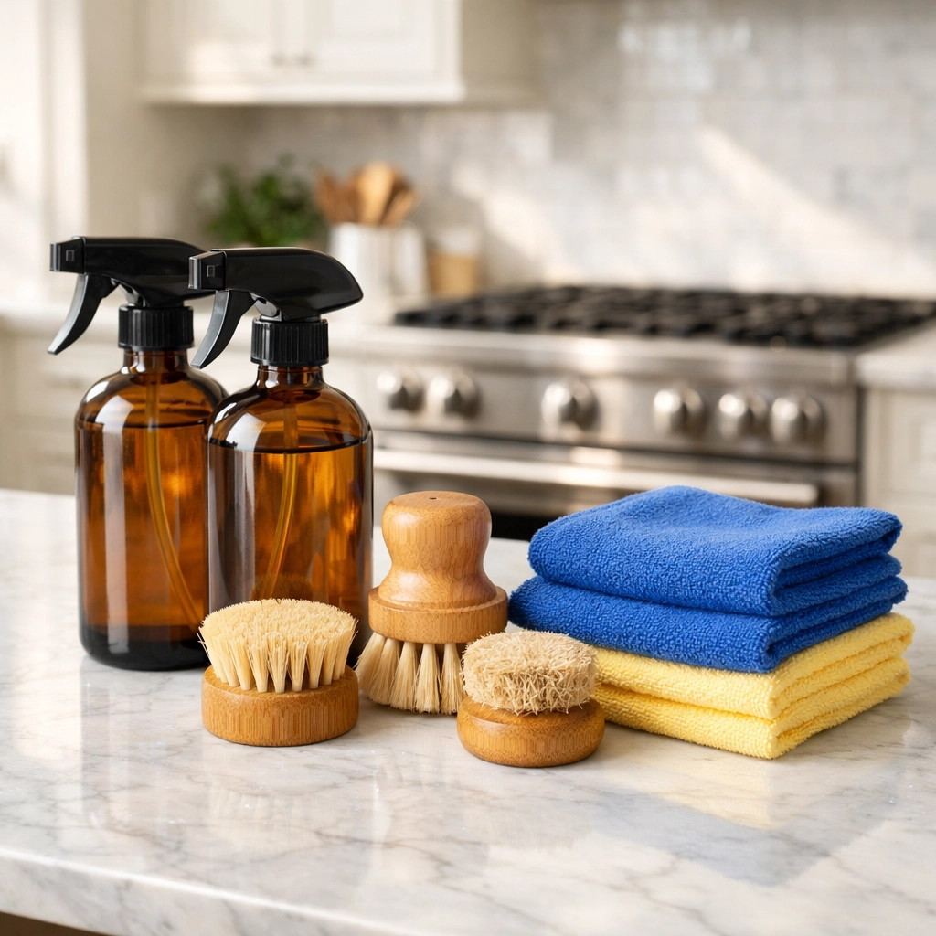 Eco-friendly cleaning supplies on a marble counter used by professional cleaners Newton MA for safe house cleaning.
