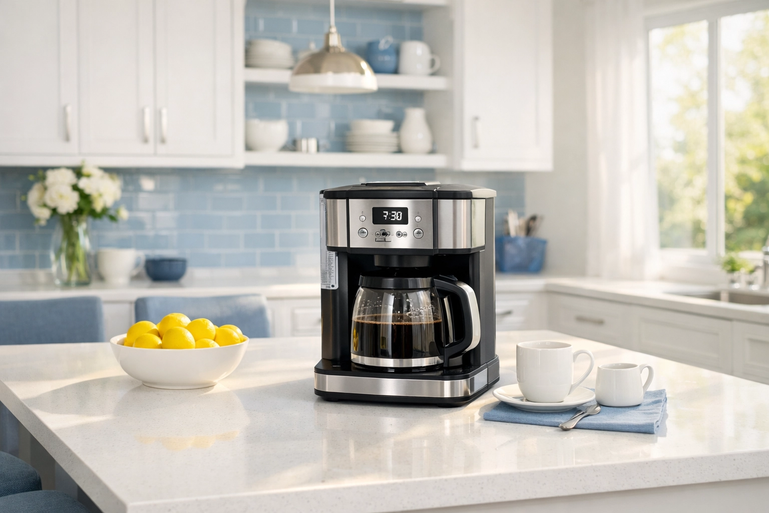 A drip coffee maker on a kitchen island, perfect for maintenance during weekly house cleaning.