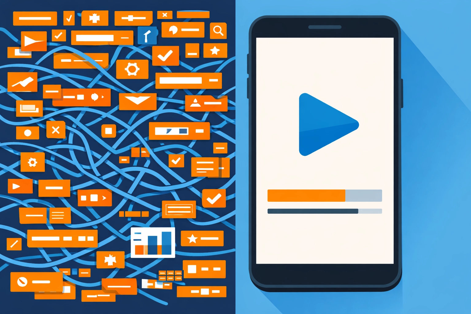 Comparison of a cluttered interface and a clean mobile UI for custom eLearning development projects.