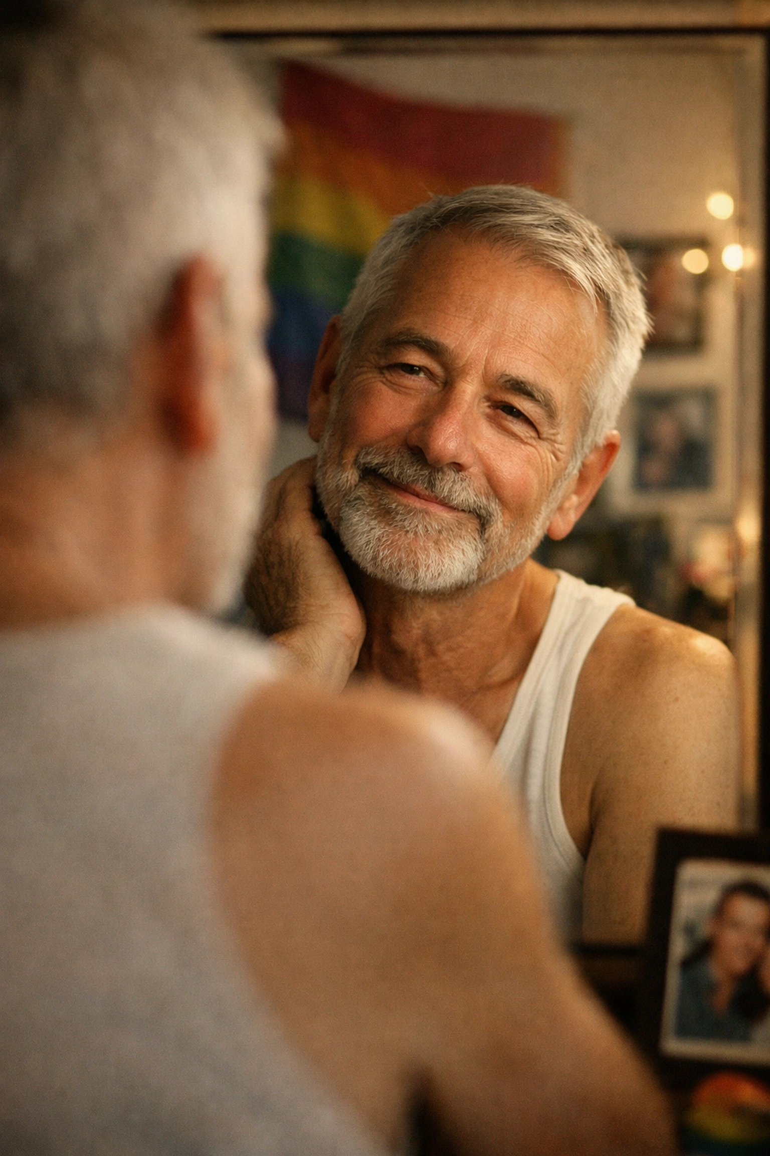 An older man smiling in the mirror, reflecting the self-acceptance themes found in authentic gay literature.