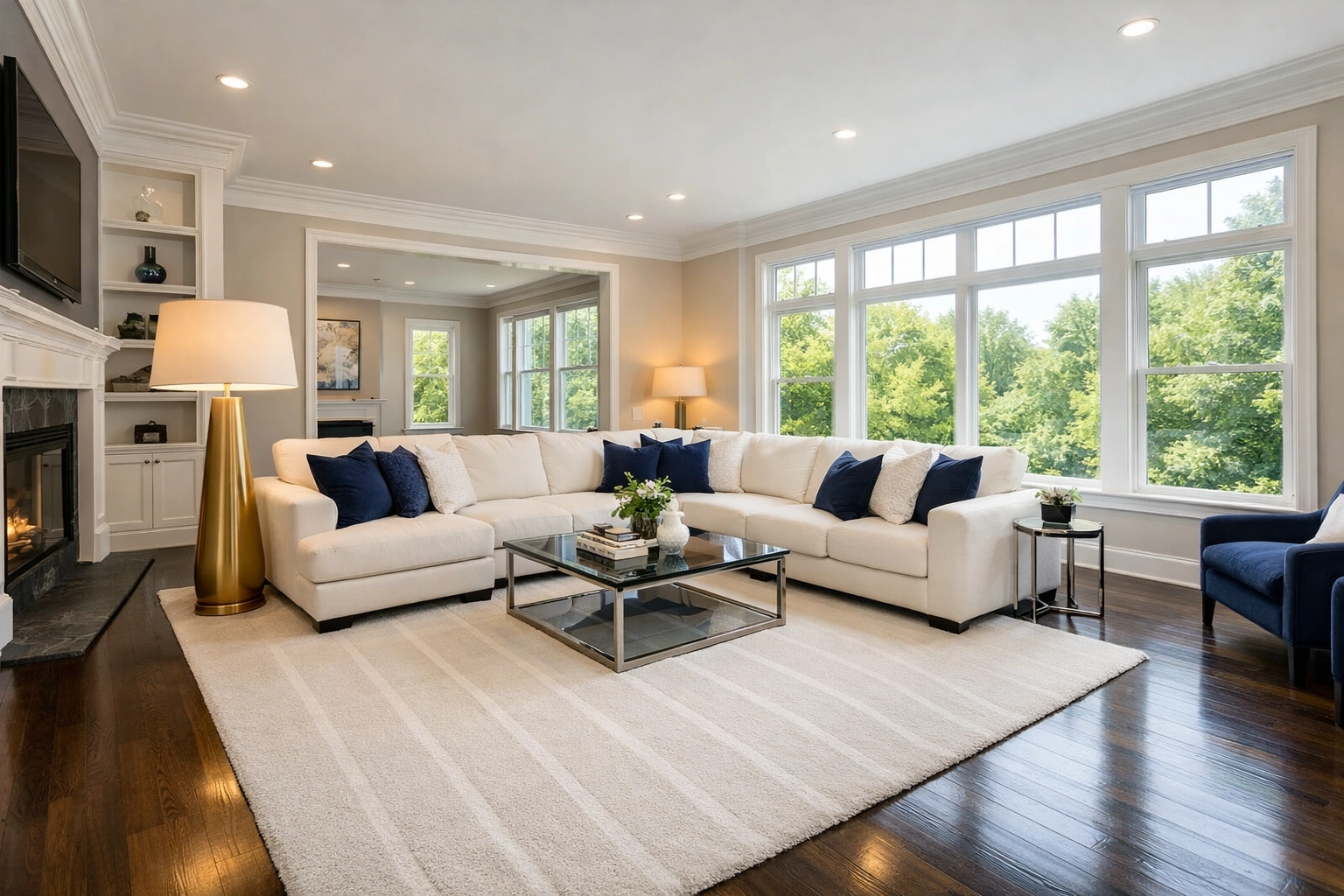 Immaculate living room with vacuum lines showing professional House Cleaning Pepperell MA results.