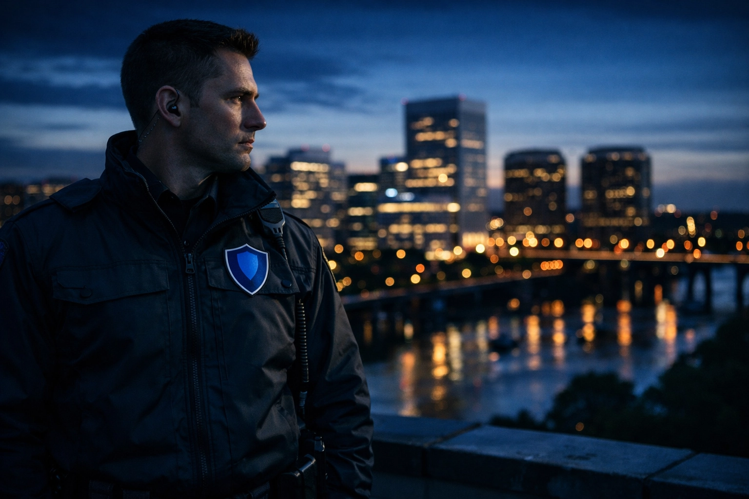 Professional security guard watching over the Richmond skyline, emphasizing local security expertise.