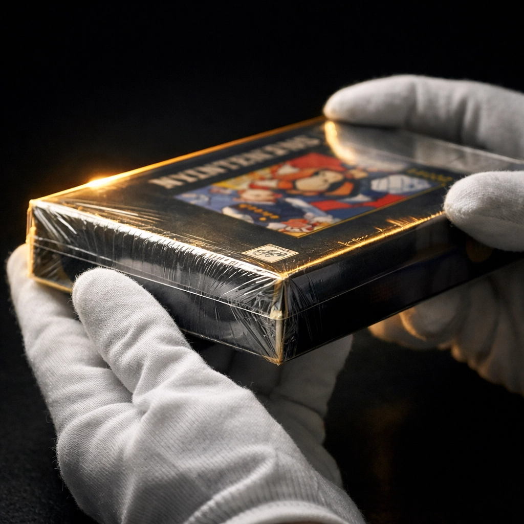 Professional handling of sealed vintage video game box during estate liquidation evaluation