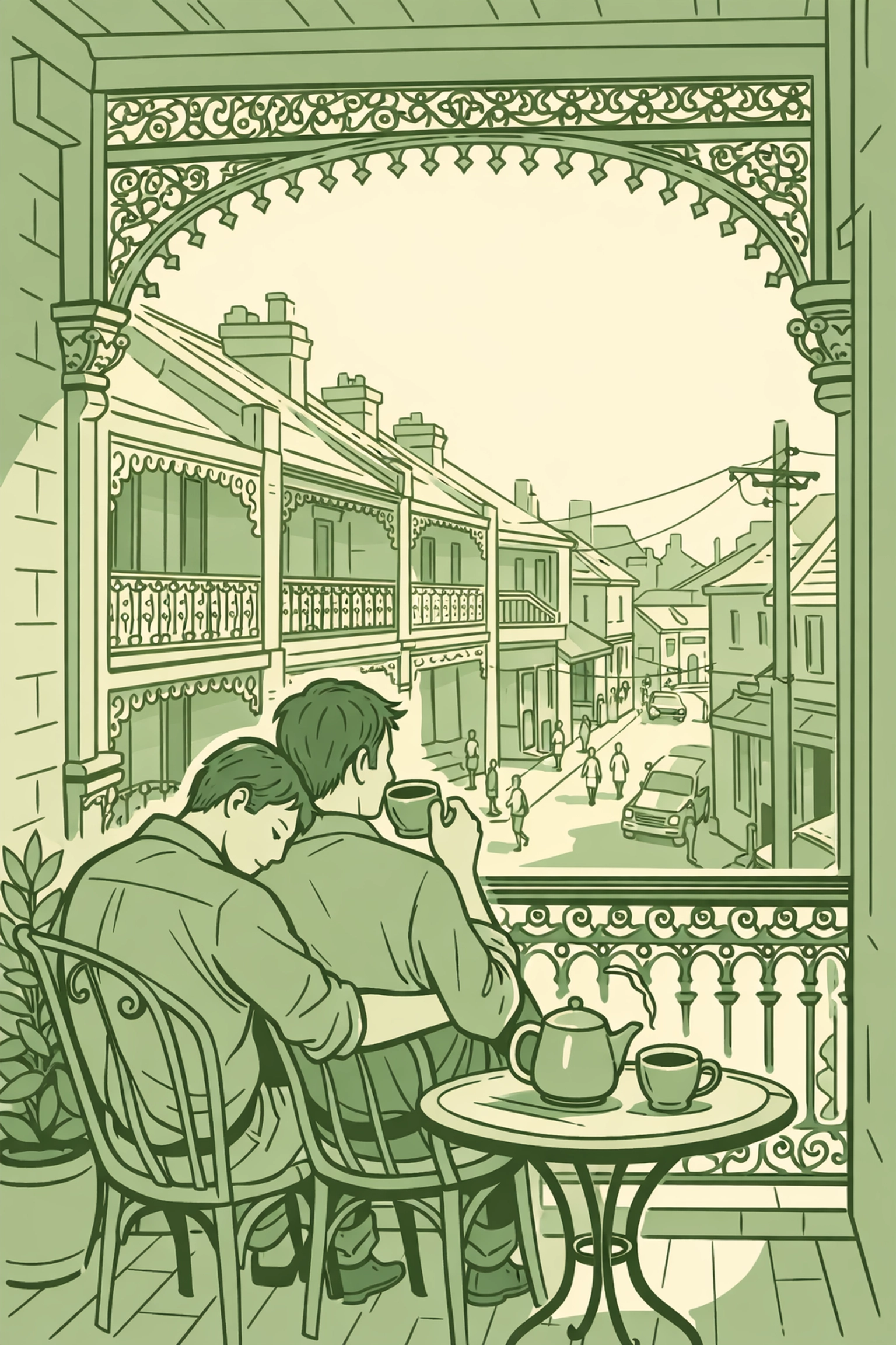 Gay couple on their Darlinghurst terrace balcony during the neighborhood's peak years in the 1980s