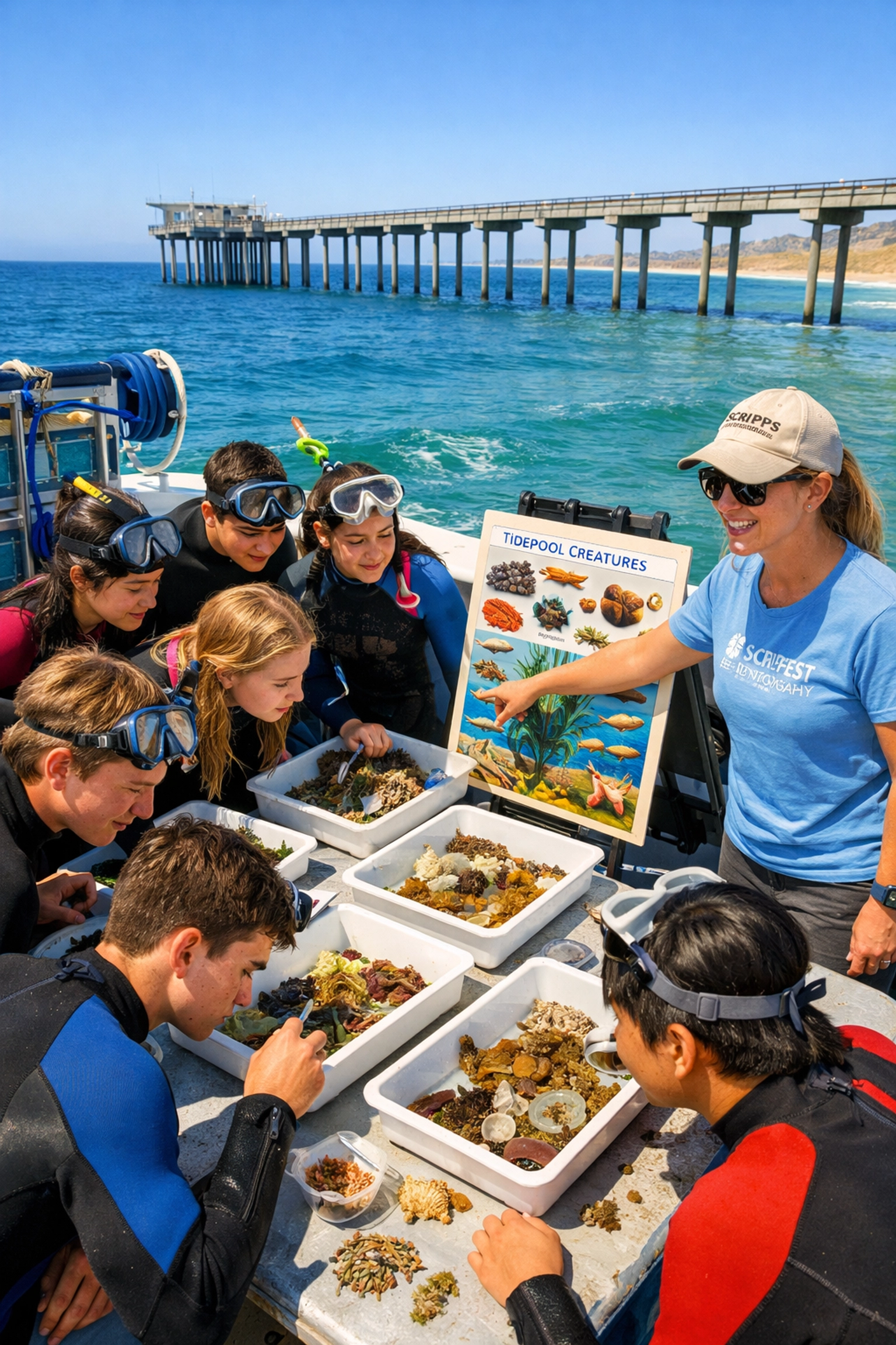 Students learning marine science with Scripps researcher on San Diego research boat