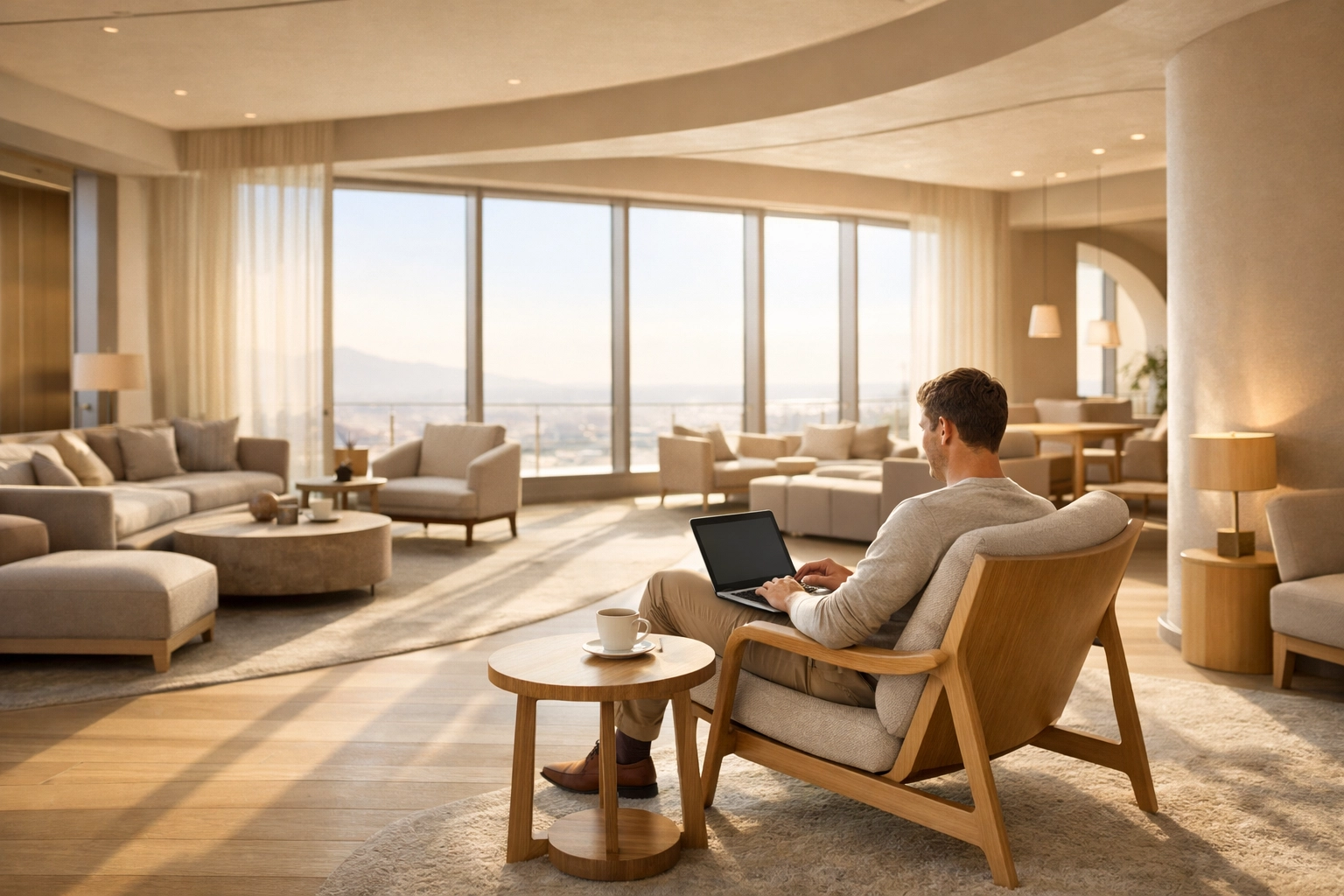Modern hotel lounge guest working on a laptop, showing community-focused hospitality membership models.