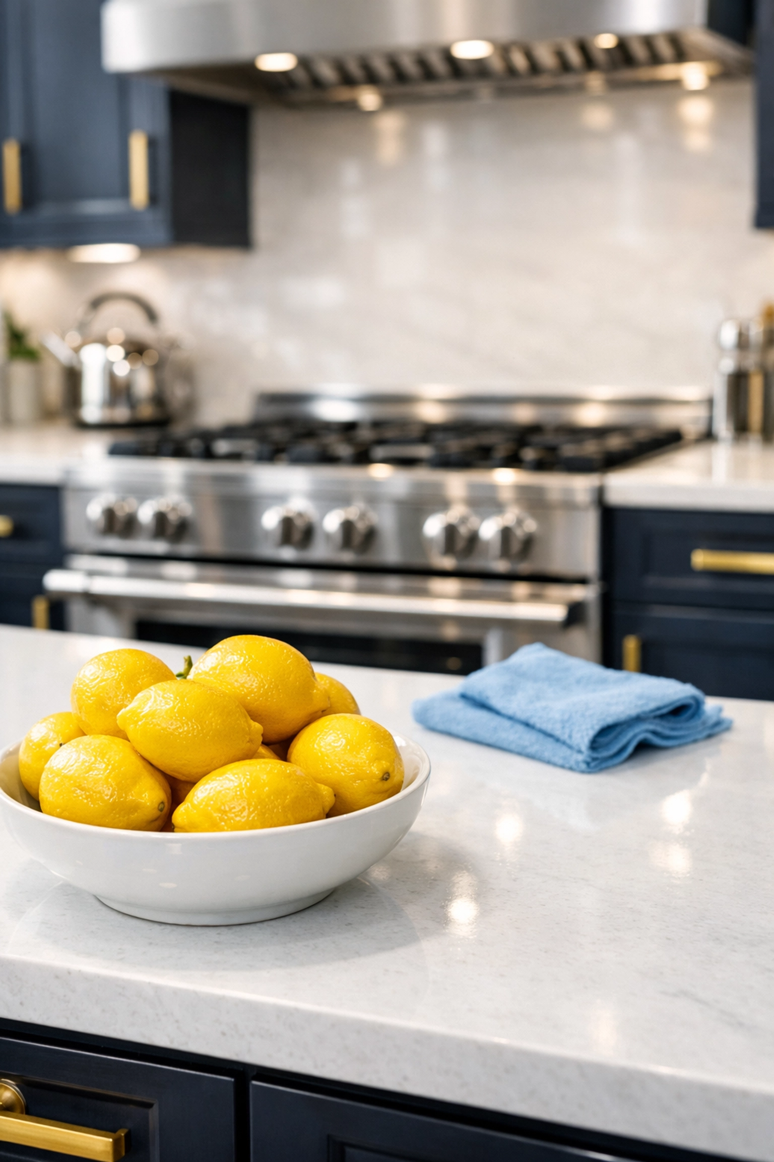 Sparkling luxury kitchen with pristine white quartz countertops after a professional deep cleaning in Massachusetts.