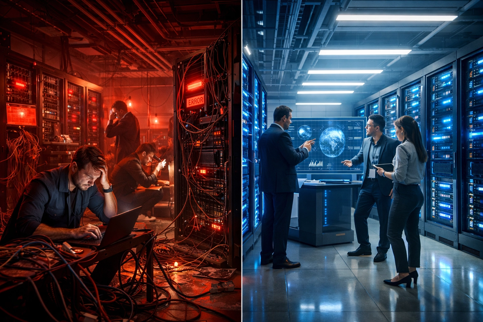 Before and after ServiceNow ITOM optimization showing operational transformation