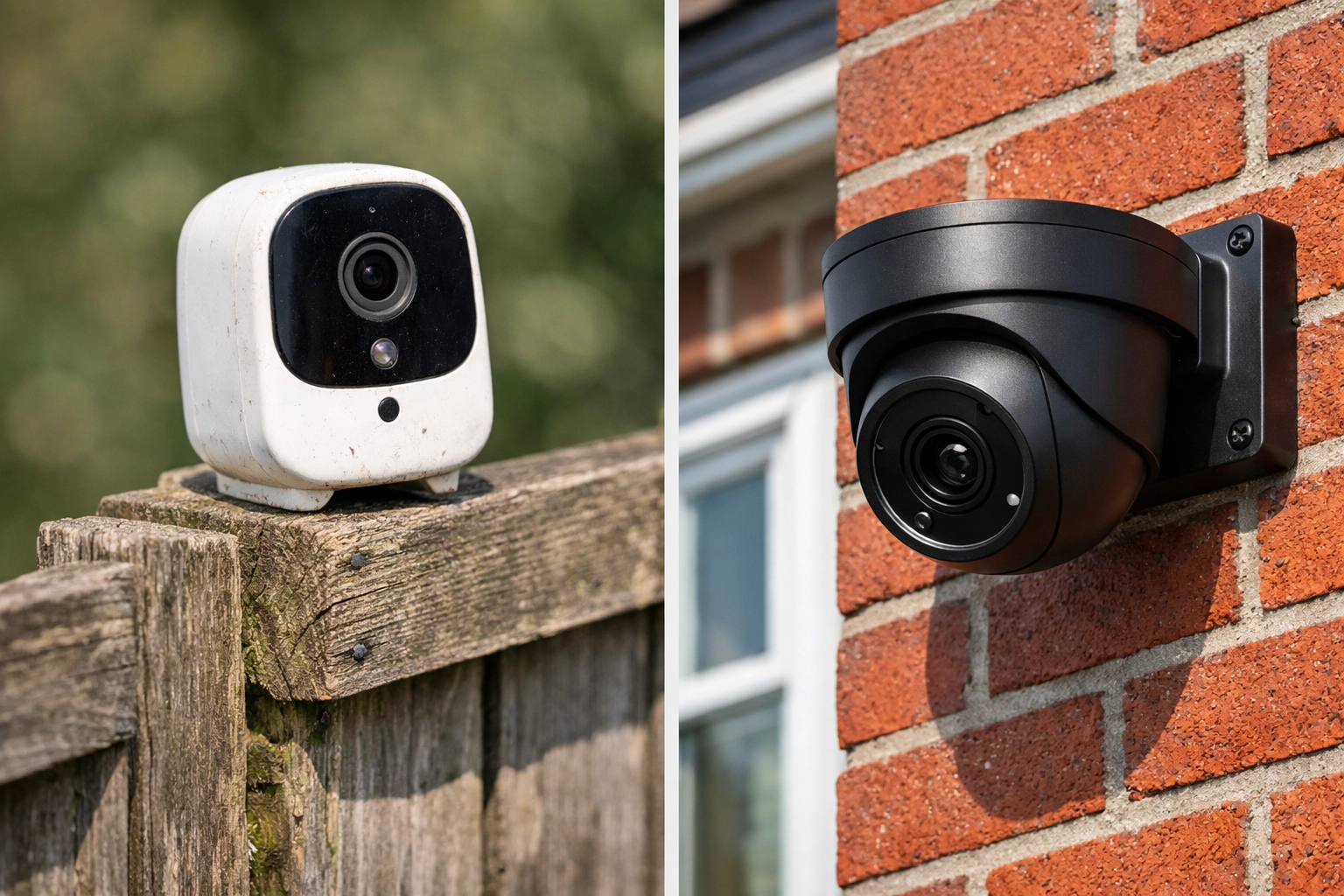 Comparison of a DIY smart camera and a professional no-subscription metal turret CCTV camera.
