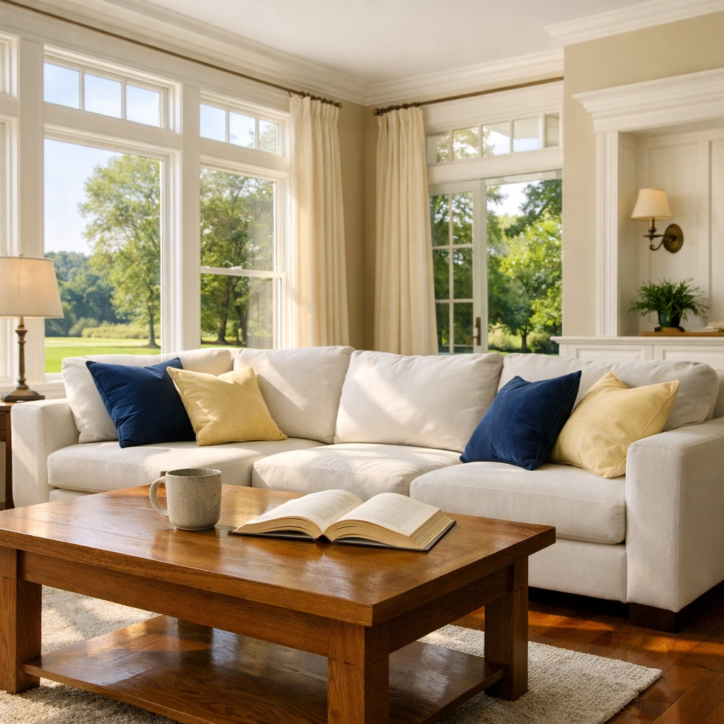 Sunlit Maynard living room with polished floors after a professional bi-weekly house cleaning service.