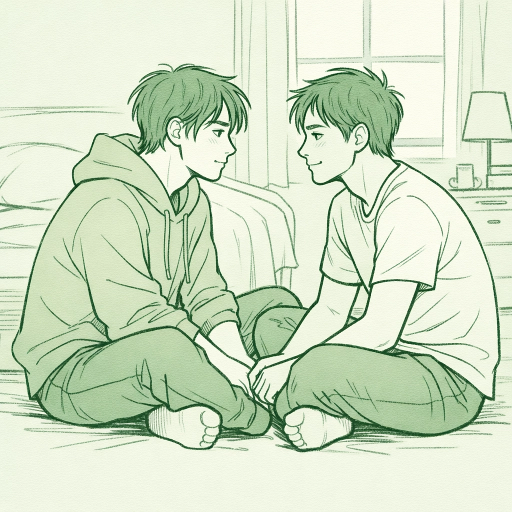 Two men sharing intimate vulnerable conversation depicting MM romance emotional depth