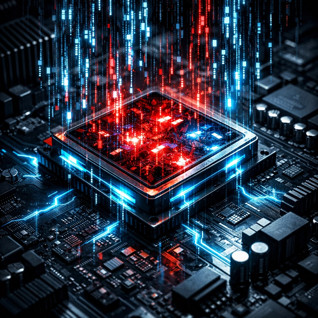 Glowing CPU and motherboard with digital data streams representing a clean operating system kernel.