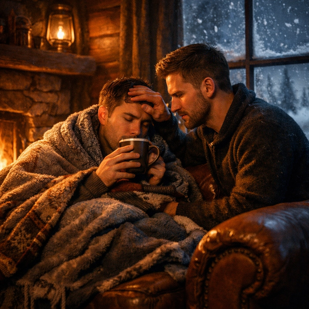 Gay couple finds comfort in snowbound cabin - intimate MM romance hurt/comfort scene