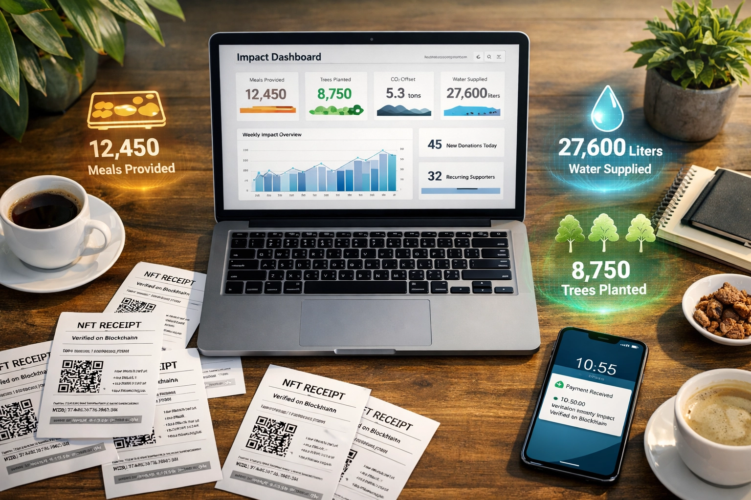 Merchant dashboard displaying Larecoin NFT receipts with blockchain-verified impact metrics