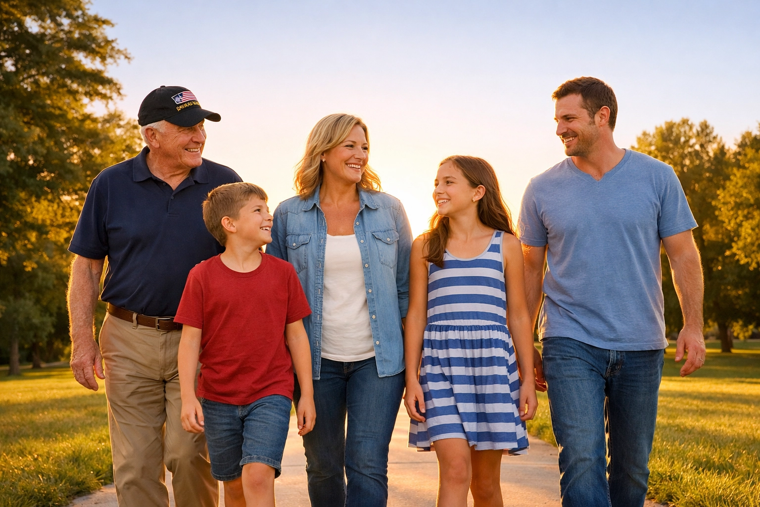 Multi-generational family with a veteran walking together, showing an indivisible nation