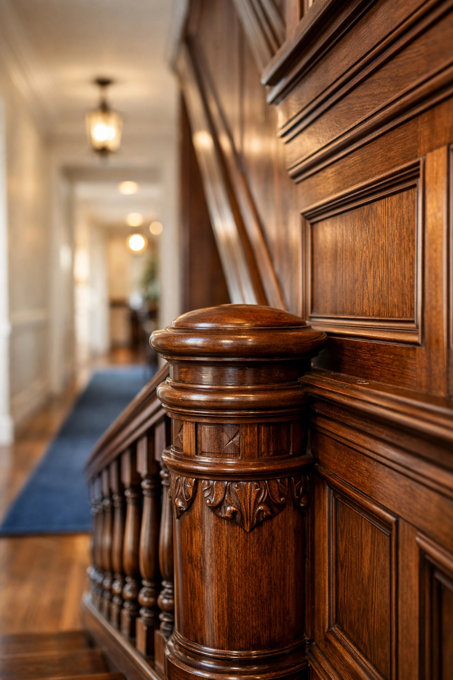 Polished dark wood banister and wainscoting in a clean historic Wayland home.