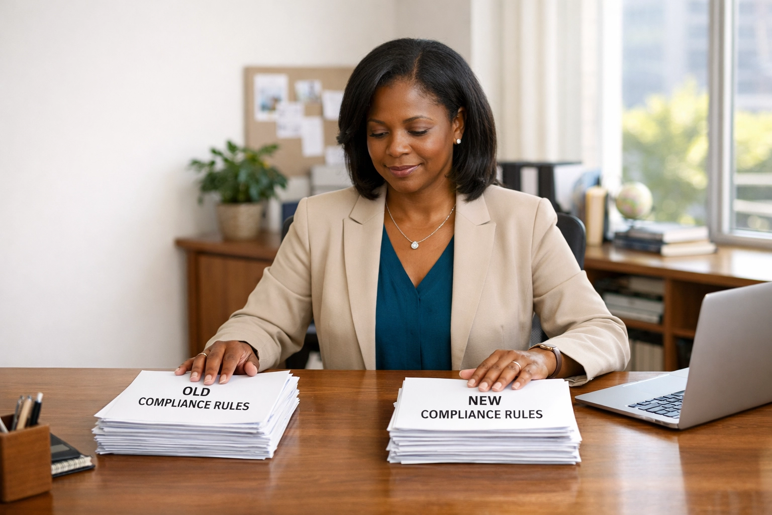 Nonprofit executive organizing grant documents for federal compliance and audit readiness.