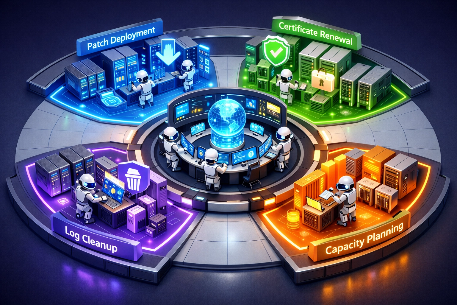 Autonomous AI maintenance workflows automating patches, certificates, and capacity planning