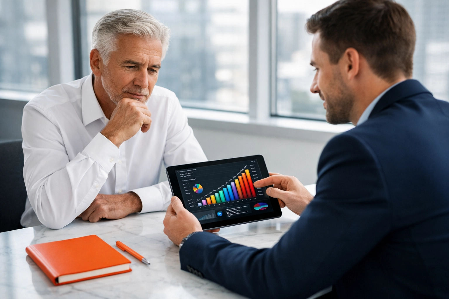 Business owner reviewing growth metrics with an advisor to achieve financial clarity during exit planning.