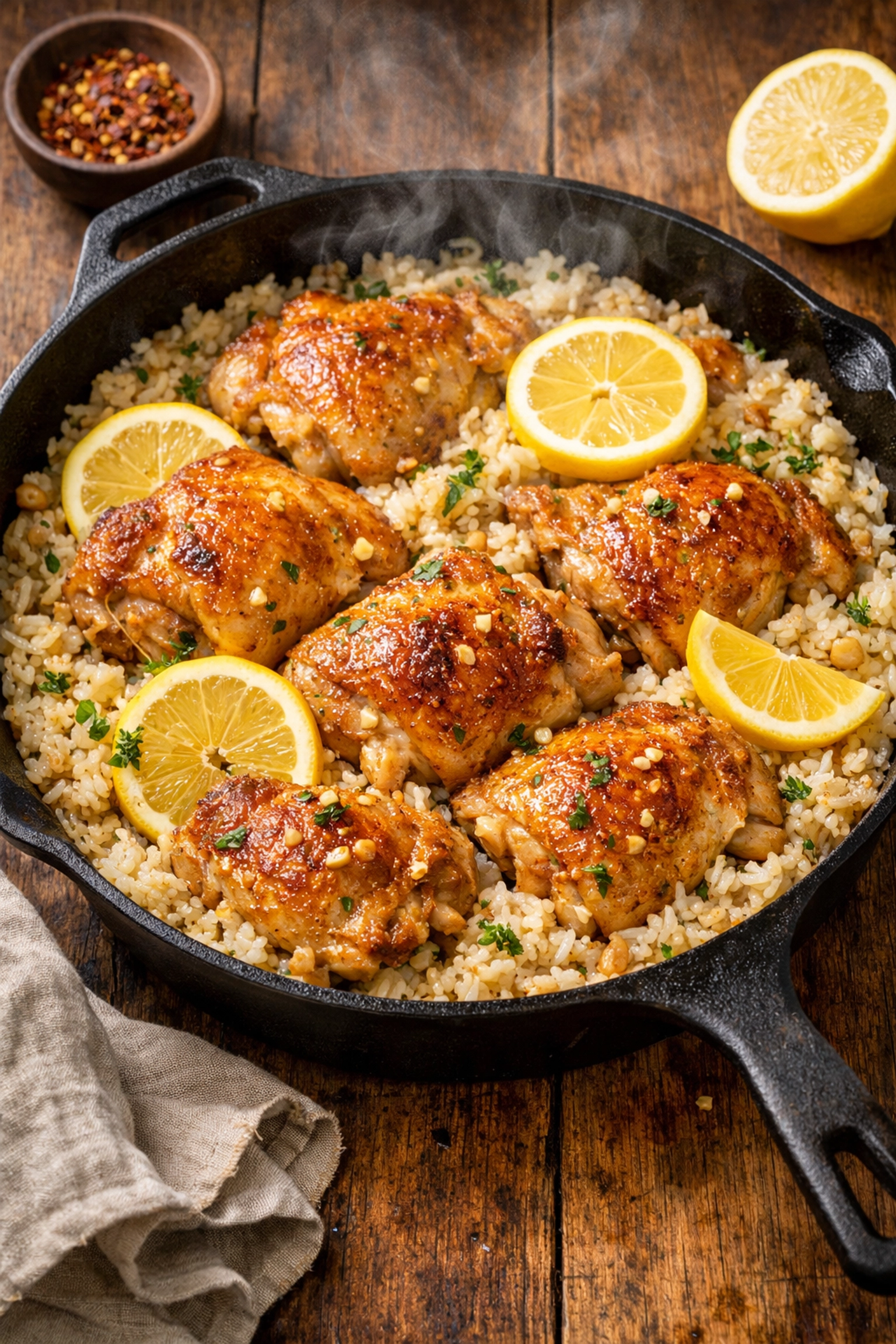 One-pan lemon garlic chicken and rice easy weeknight dinner in cast iron skillet