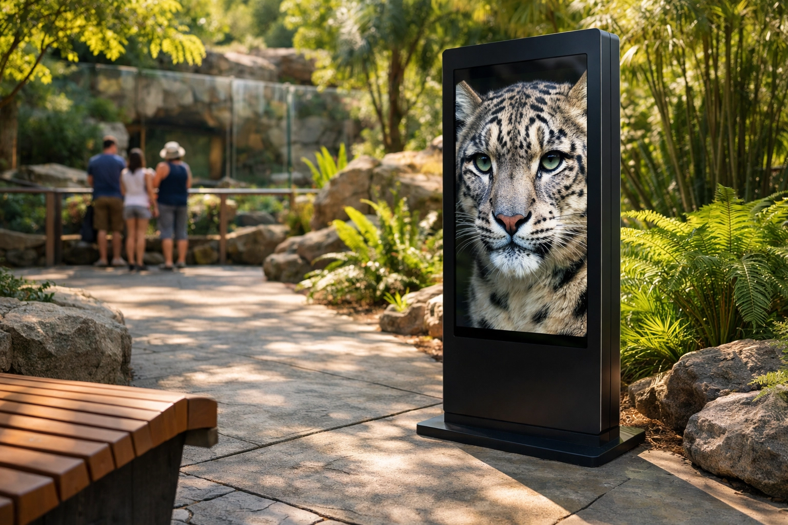 Digital signage kiosk at a zoo displaying wildlife, showcasing modern zoo sponsorship and marketing technology.