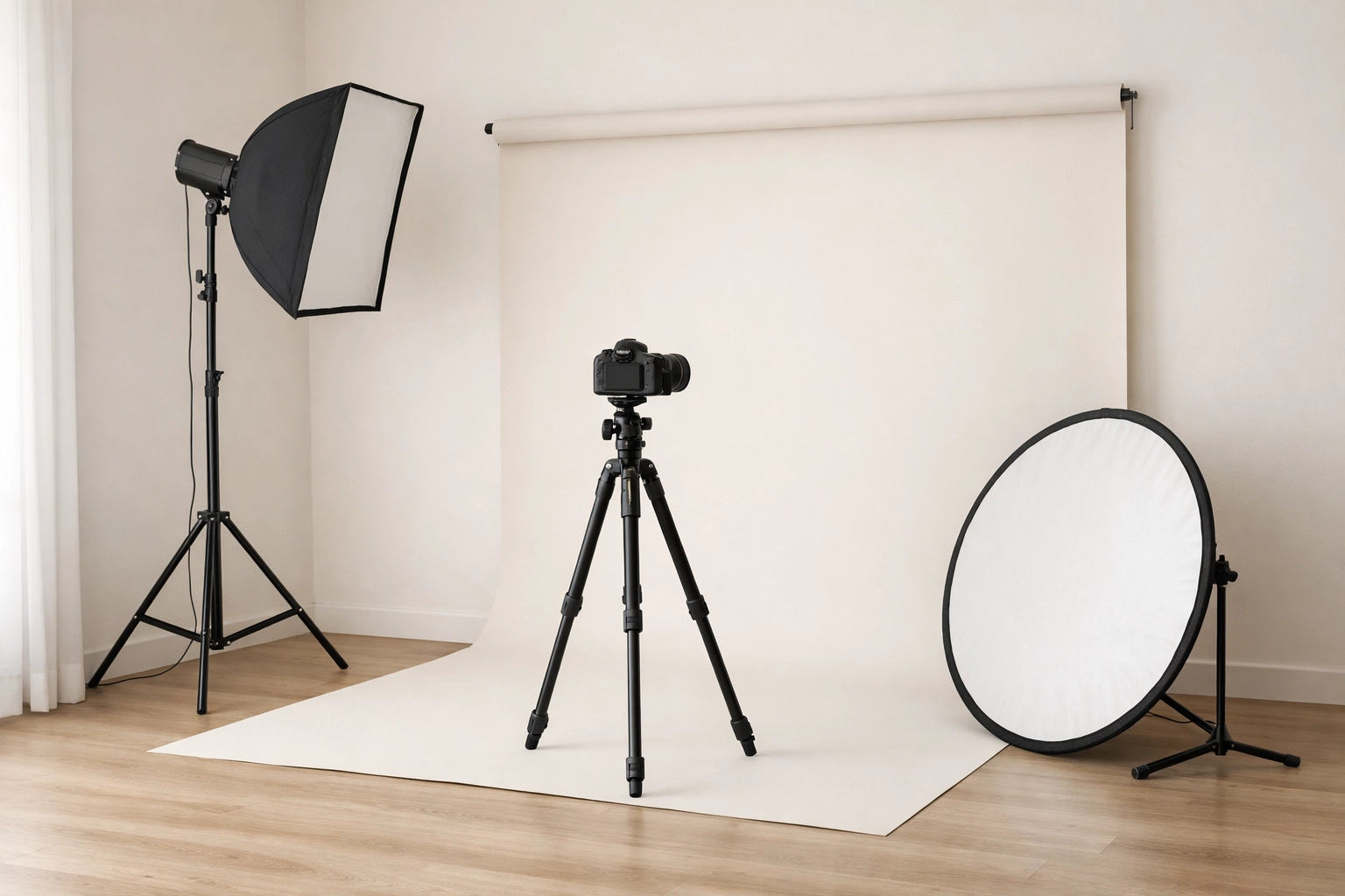 Faceless photography studio scene with camera on tripod, seamless backdrop, and light stand in a clean, minimal Pittsburgh portrait studio aesthetic.