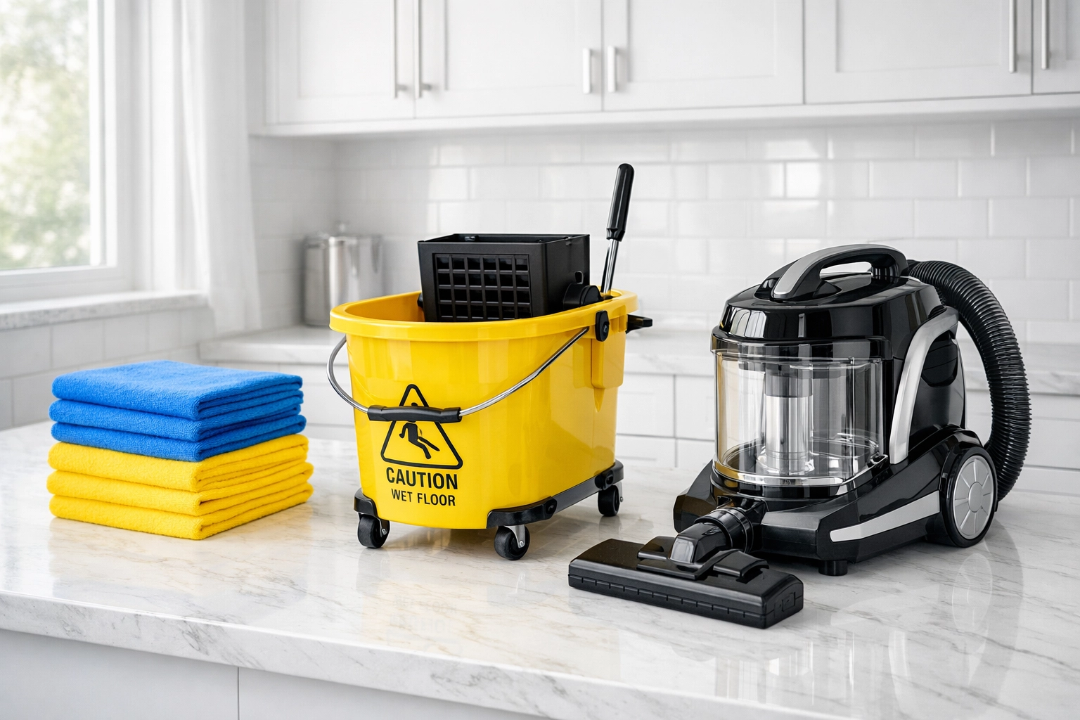 Clean tools for deep cleaning Worcester including microfiber cloths, a mop bucket, and a vacuum in a modern utility room.