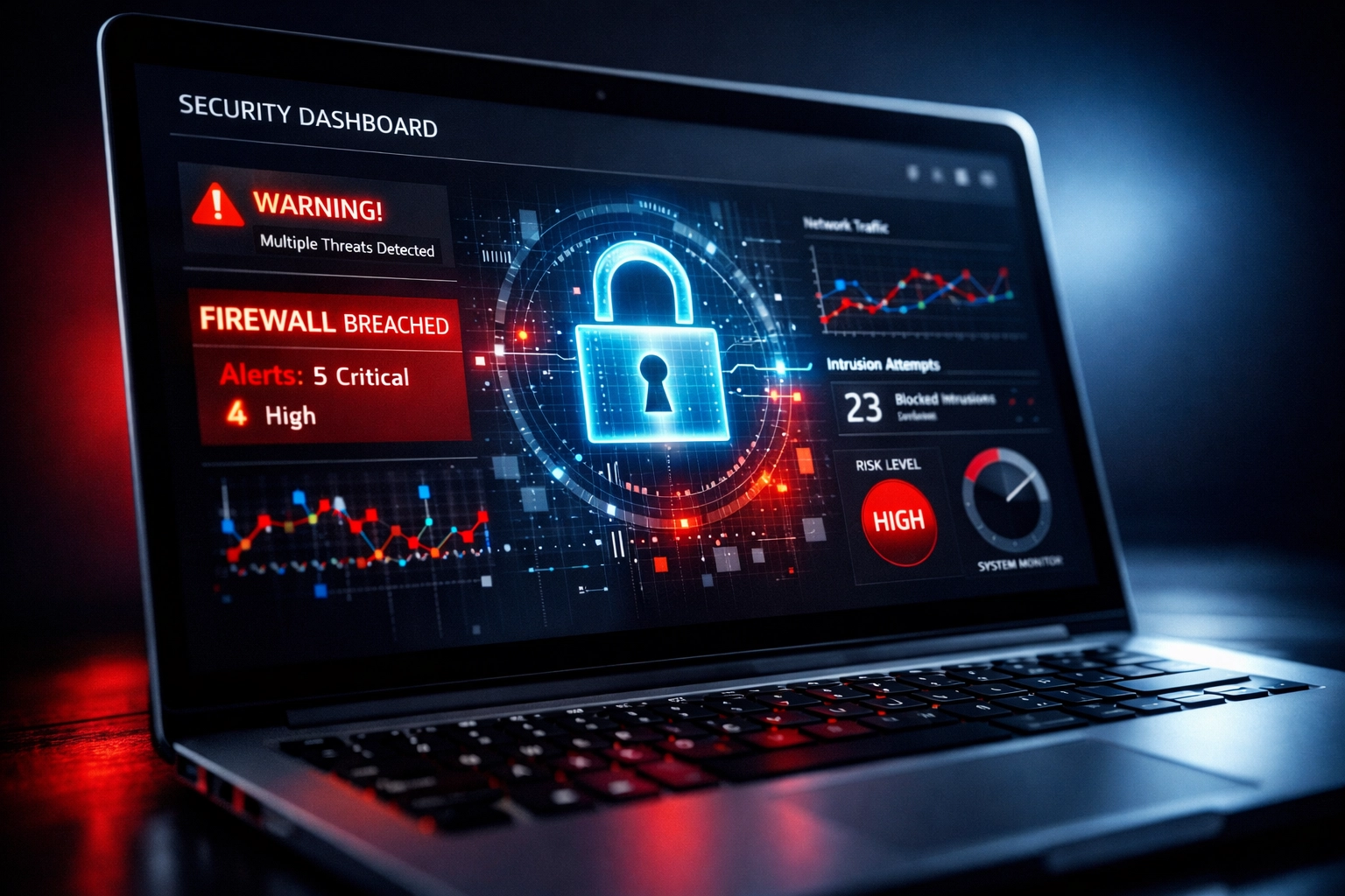Cybersecurity monitoring dashboard showing network security alerts and firewall status