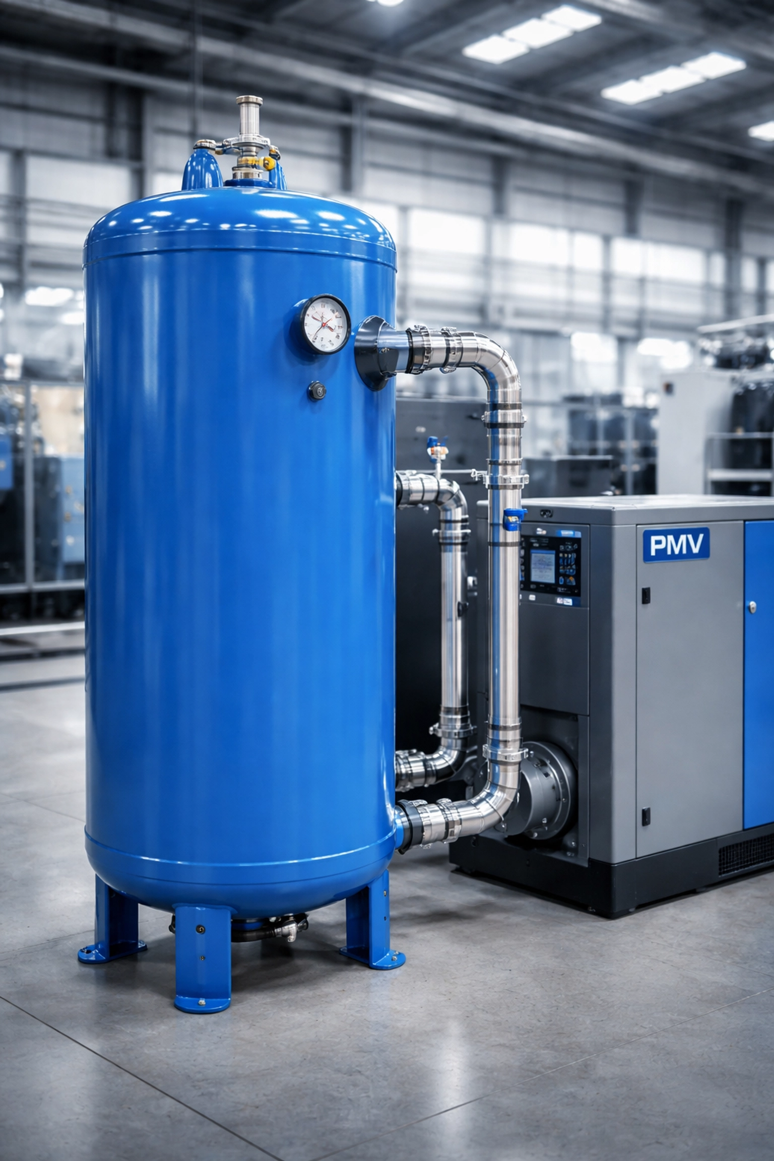 Compressed air receiver tank connected to a PMV screw air compressor in a modern manufacturing facility.