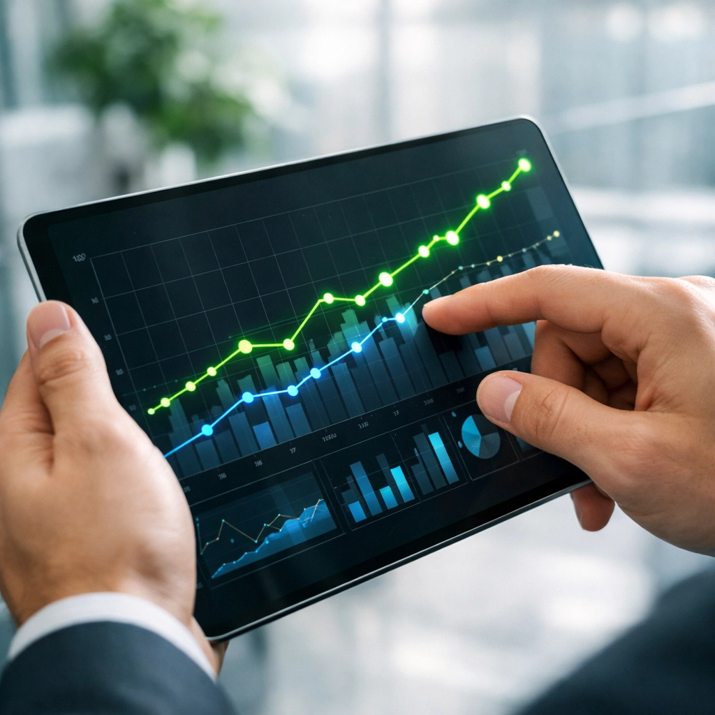 Professional analyzing predictive growth data and ROI trends on a digital tablet for strategic decision making.