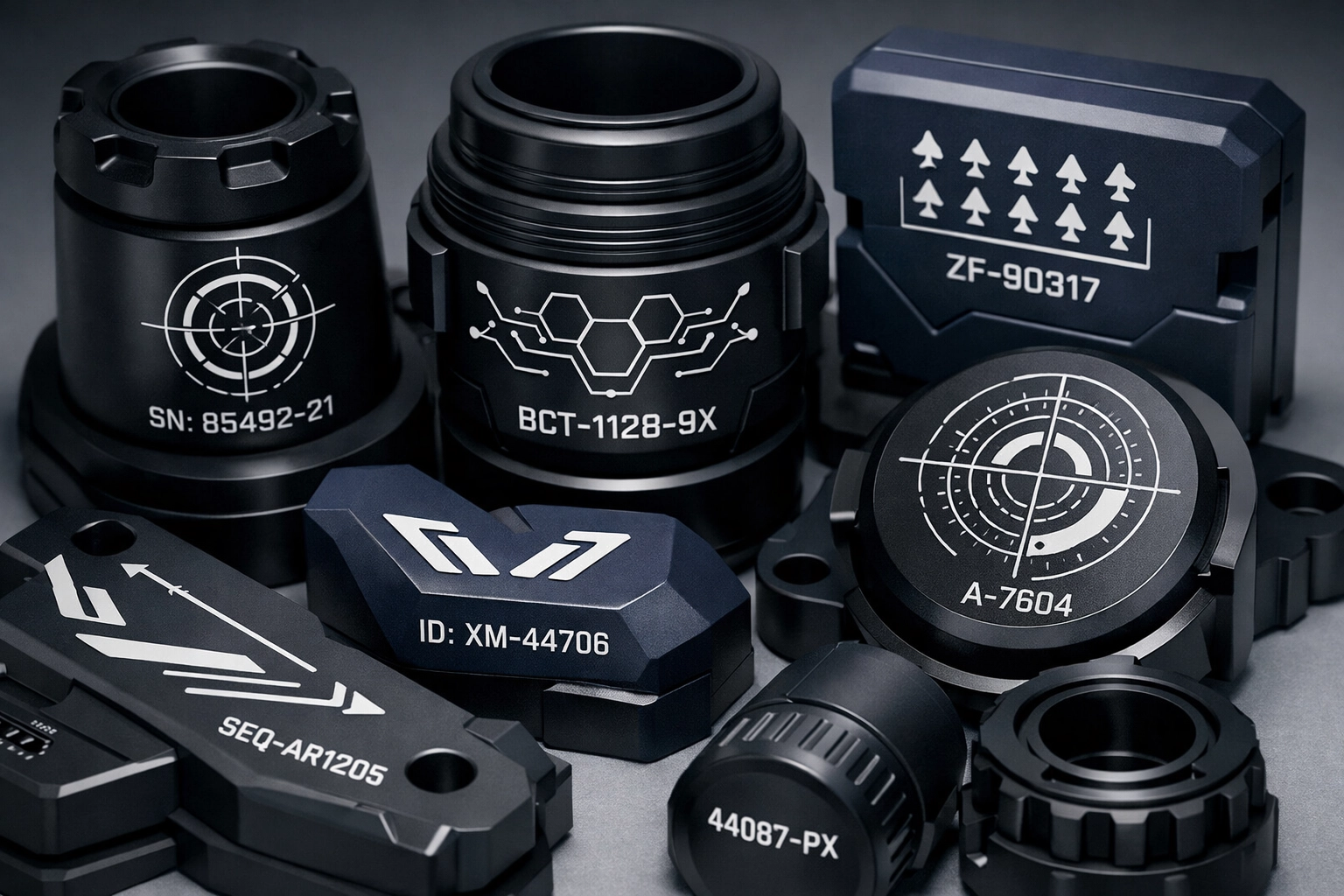 High-contrast white serial numbers and patterns laser marked on industrial matte black polymer components.