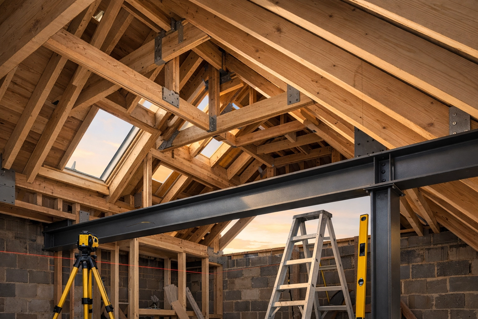 Loft conversion construction showing steel beams and timber roof structure
