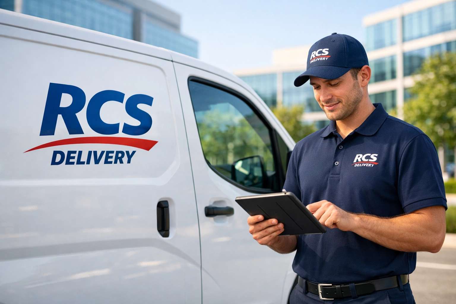 Professional courier checking a scheduled route on a tablet beside a branded RCS Delivery service van.