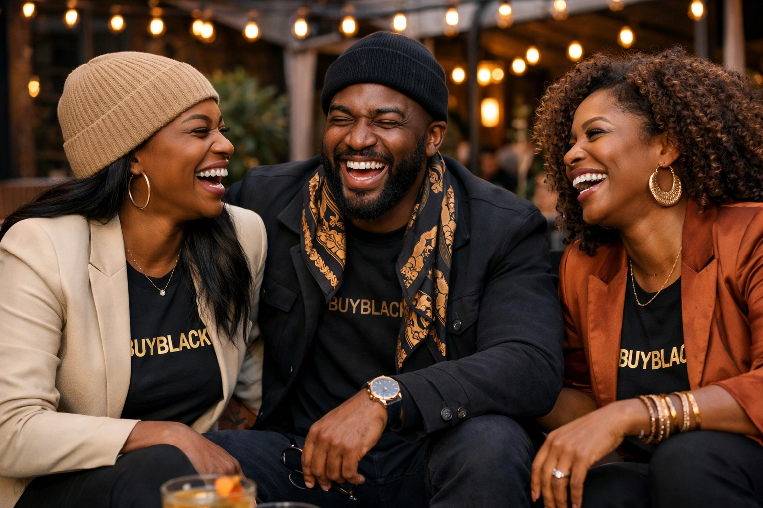 Stylish Black professionals wearing Buyblack fashion, celebrating community and cultural empowerment.