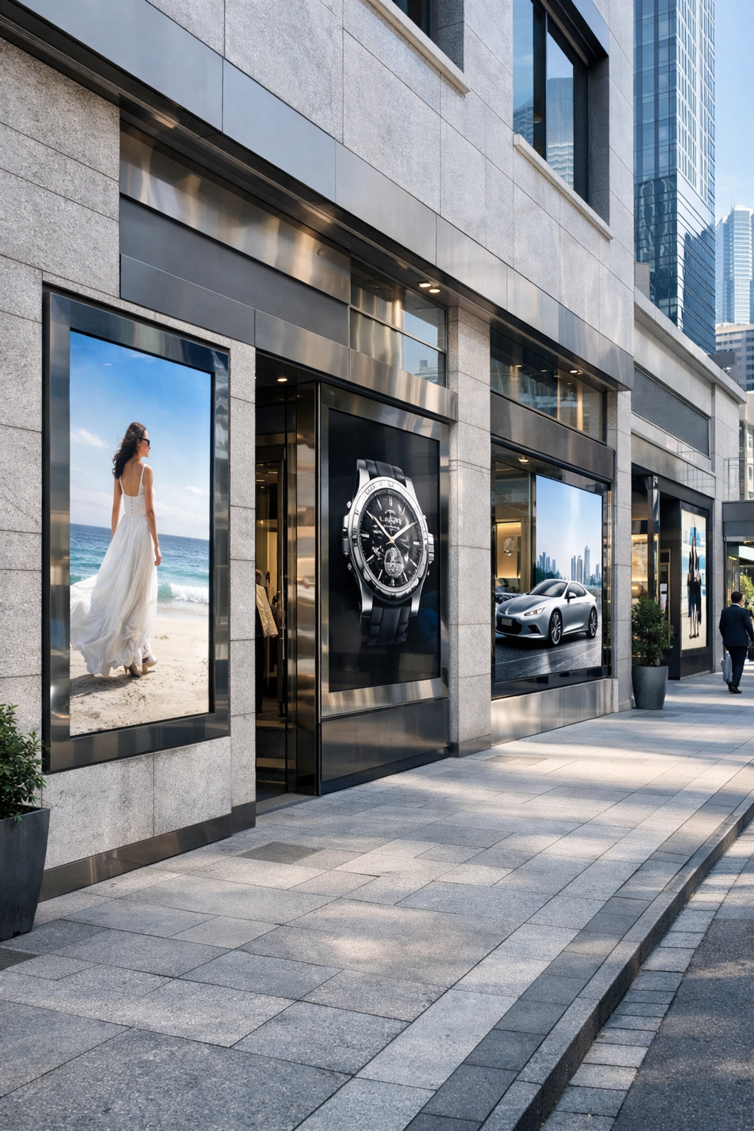 Global DOOH advertising displays in a luxury shopping district showing hyper-targeted brand campaigns.