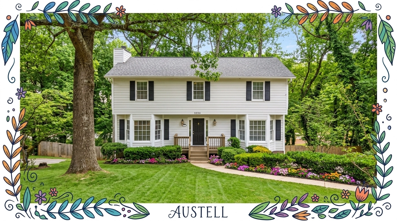 A beautiful traditional farmhouse-style home in Austell with a white exterior, black shutters, and a welcoming front porch. The yard is perfectly landscaped with seasonal flowers. Professional, high-resolution photo with natural lighting. Bordered by playful, colorful, hand-drawn frame accents.
