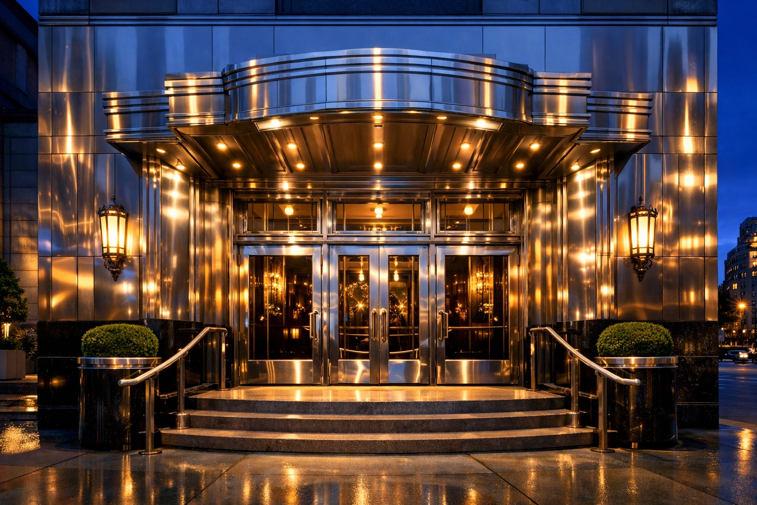 Professionally restored metal entrance and cladding on a luxury commercial building at sunset.