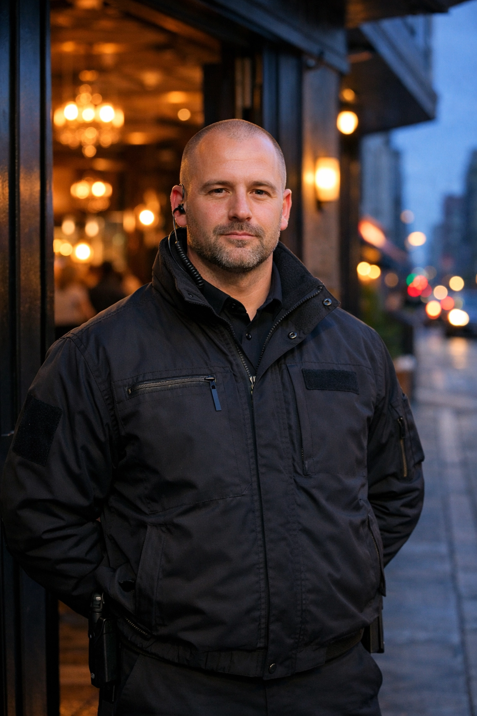 Professional door supervisor at an upscale venue entrance providing expert conflict management.