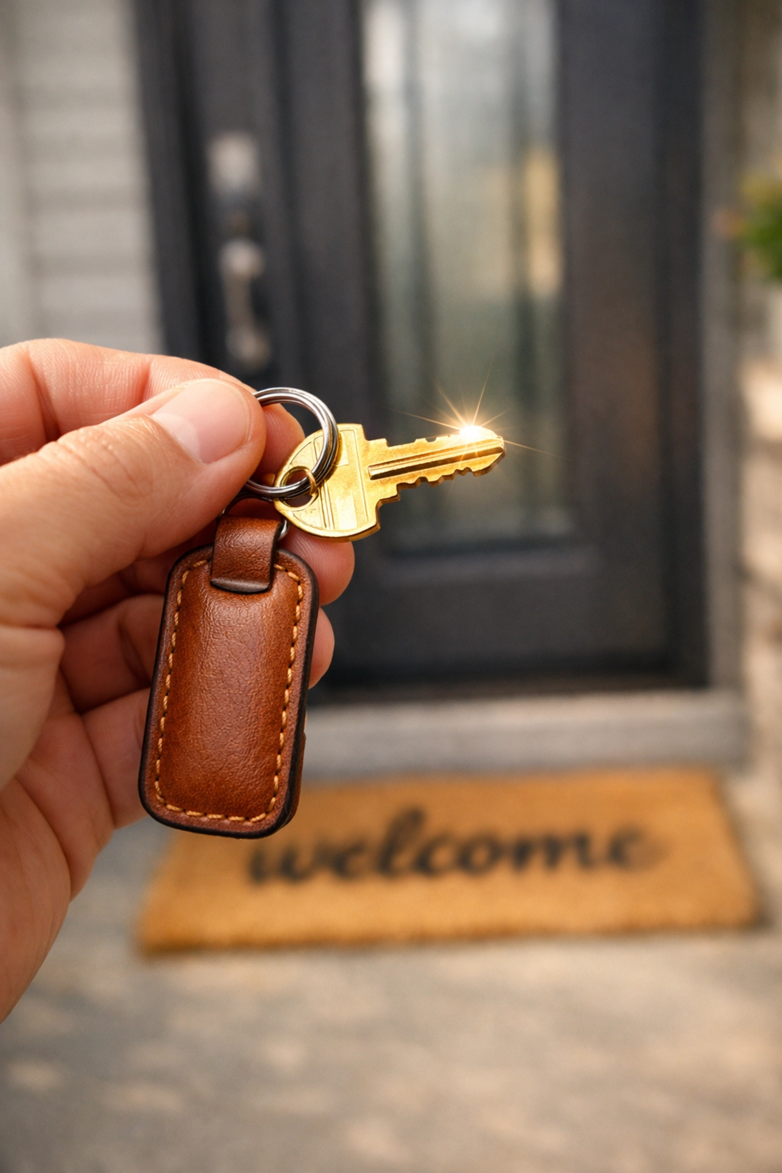 Hand holding a brass house key in front of a new front door after closing a mortgage.