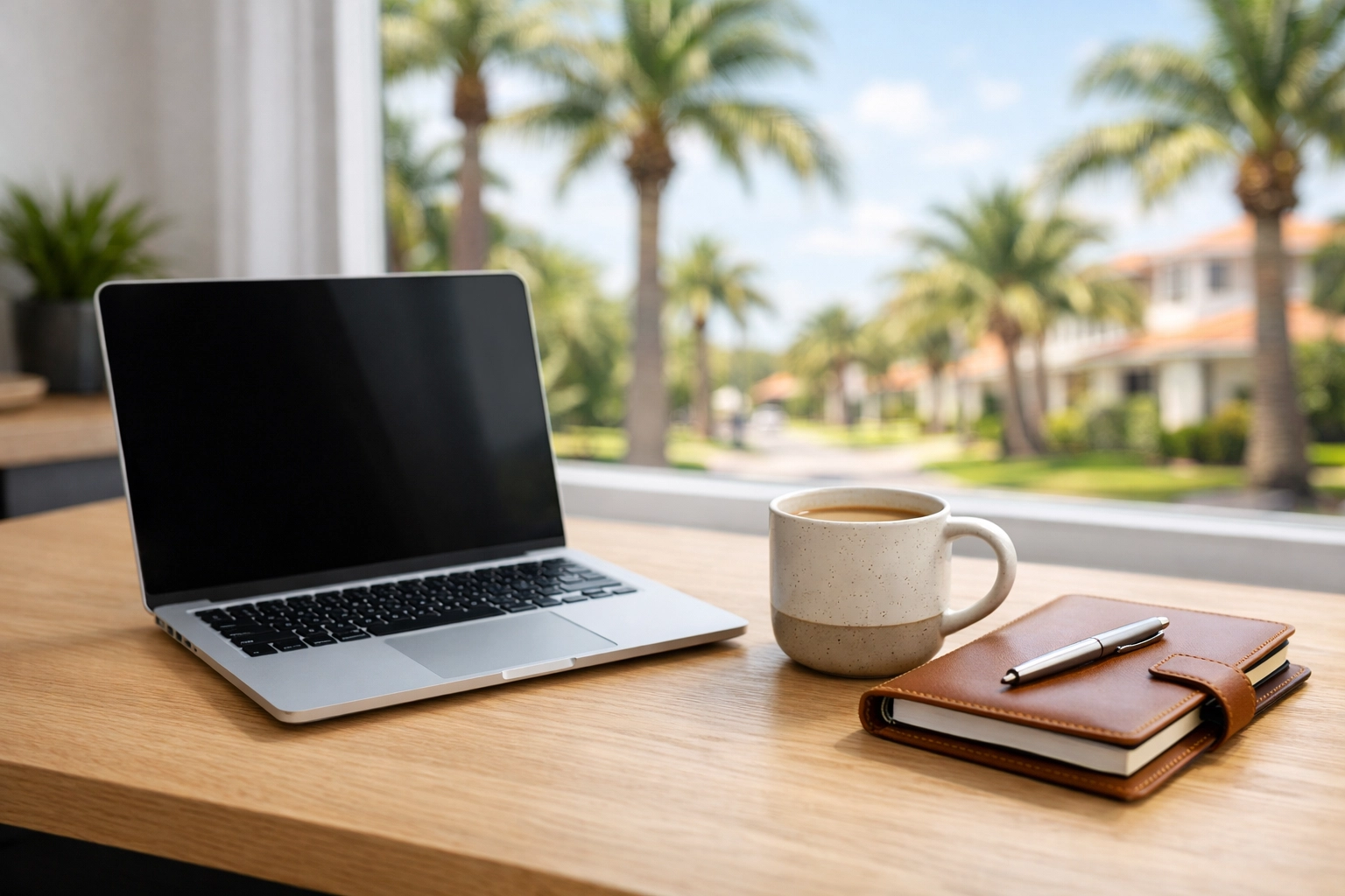 Modern Florida home office desk used for calculating closing costs and researching home financing options.