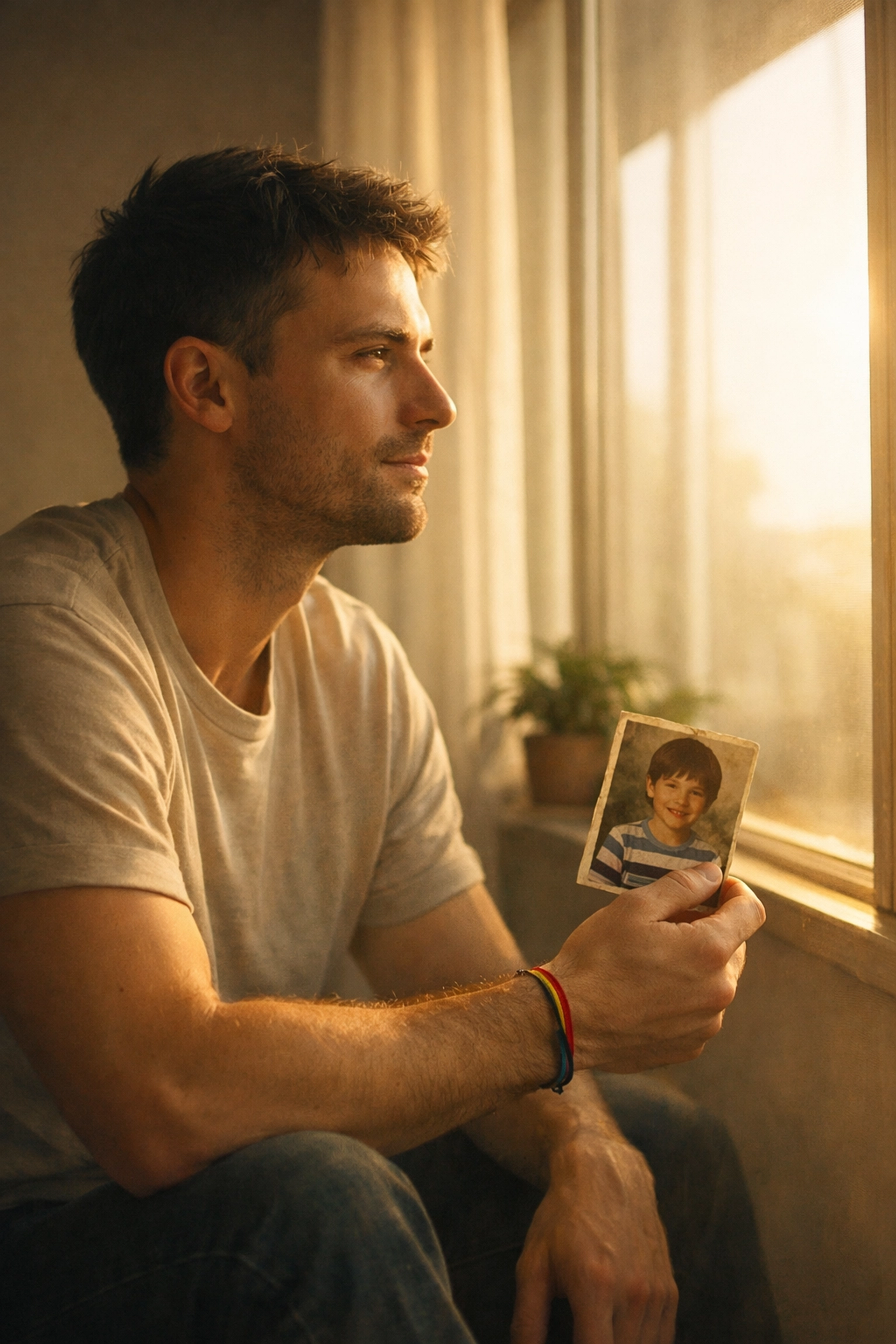 Gay man holding childhood photo, reflecting on grief and queer healing after loss