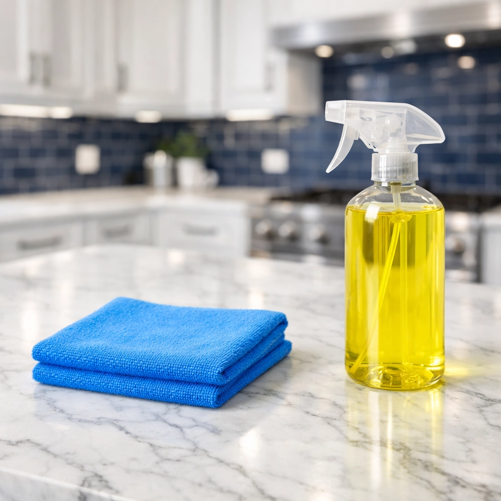 Professional maid services in Worcester using specialized tools for a spotless marble kitchen island.