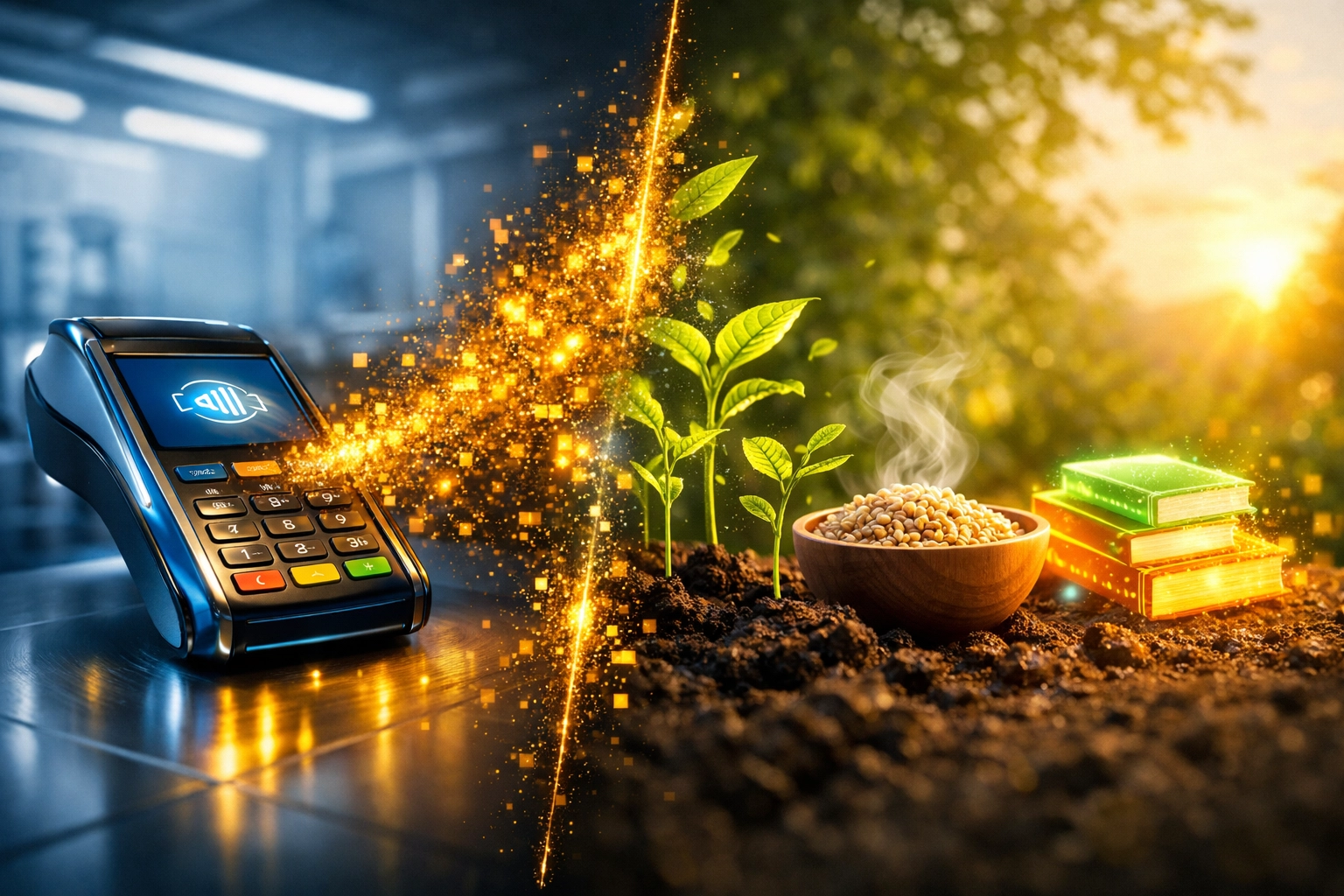 Larecoin digital payment terminal transforming merchant fees into trees and food for global social impact.