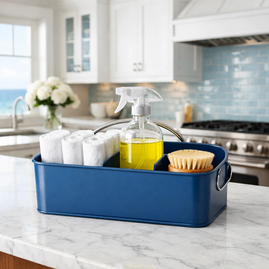 Professional eco-friendly cleaning tools and caddy on a Marblehead kitchen island for deep cleaning.
