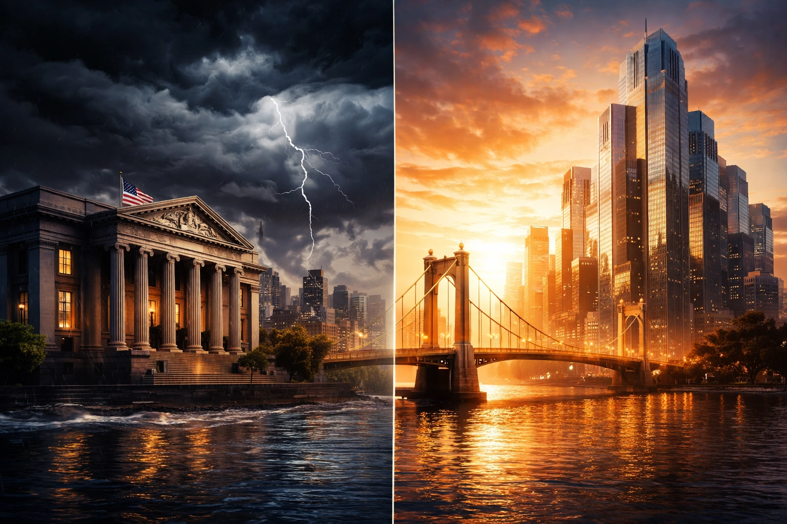 Split image of a stormy bank and sunny skyscraper illustrating market scenario contrasts for portfolio strategies
