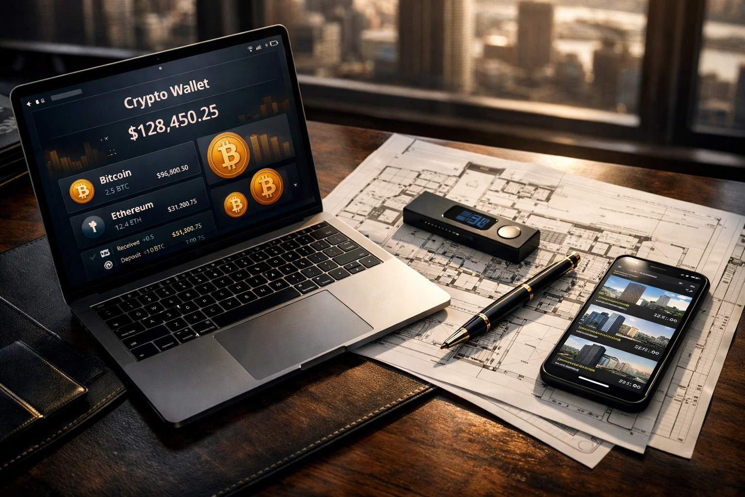 Wealth manager's desk with crypto wallet and property blueprints for institutional investing